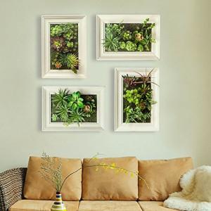 4 Framed Vertical Gardens on Wall Above Sofa Using Fake Plants