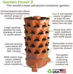 Self-Watering and Composting Tower Garden Features with 50 Plant Pockets